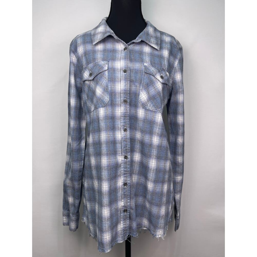 BKE Blue Plaid Fitted 100% Cotton Flannel Shirt Women’s Size Large